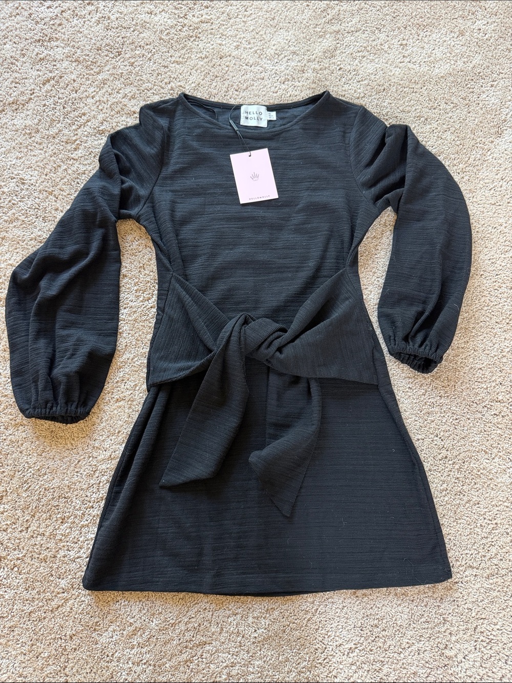 Hello Molly Black Puff-Sleeve Mini Dress with Waist Tie